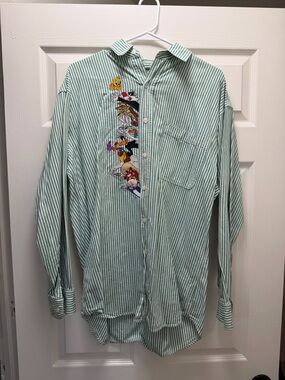 ACME Green and White Striped Cartoon-Embroidered Button-Down Shirt